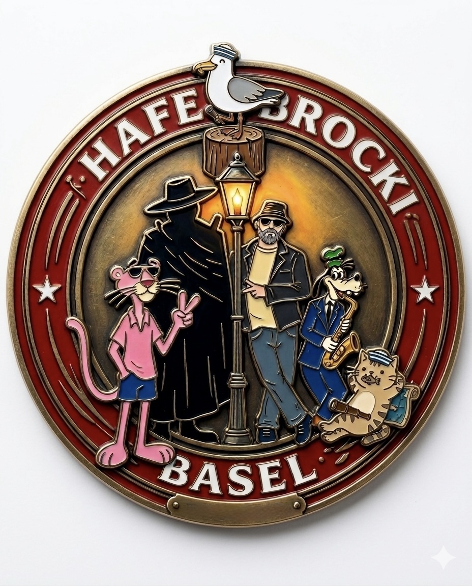 Rundes Hafe-Brocki-Basel-Emblem mit Hafenwesen und Laterne